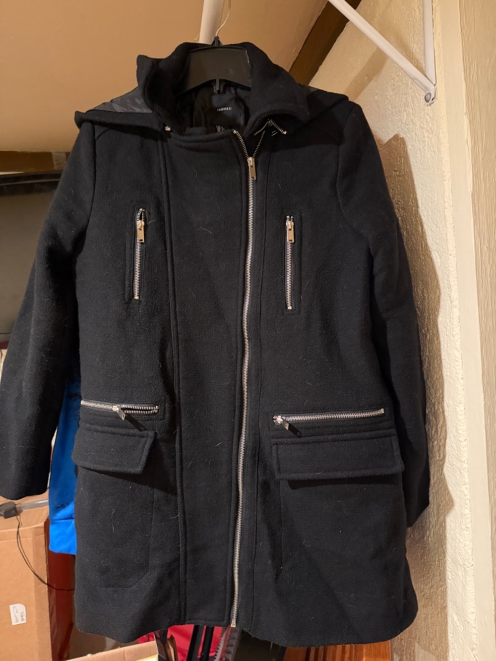 Forever 21 Black Hooded Pea Coat with Zippers - Picture 4 of 4